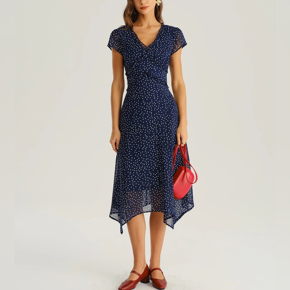 Rihoas Navy Polka Dot Cap Sleeve Midi Dress - Picture 4 of 6